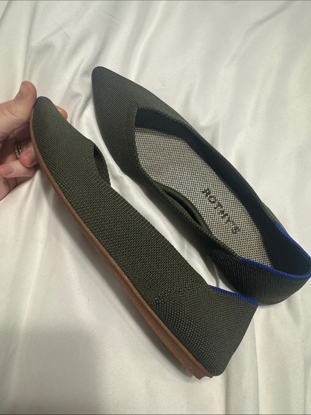 Rothy's Olive Green Pointed-Toe Knit Flats with Blue Trim